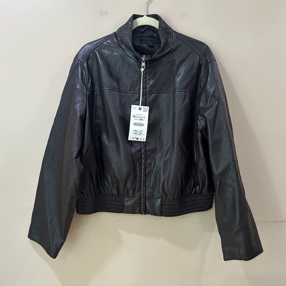 Zara Brown Vegan Leather Bomber Jacket Smocked Elastic Hem Outerwear Womens XL